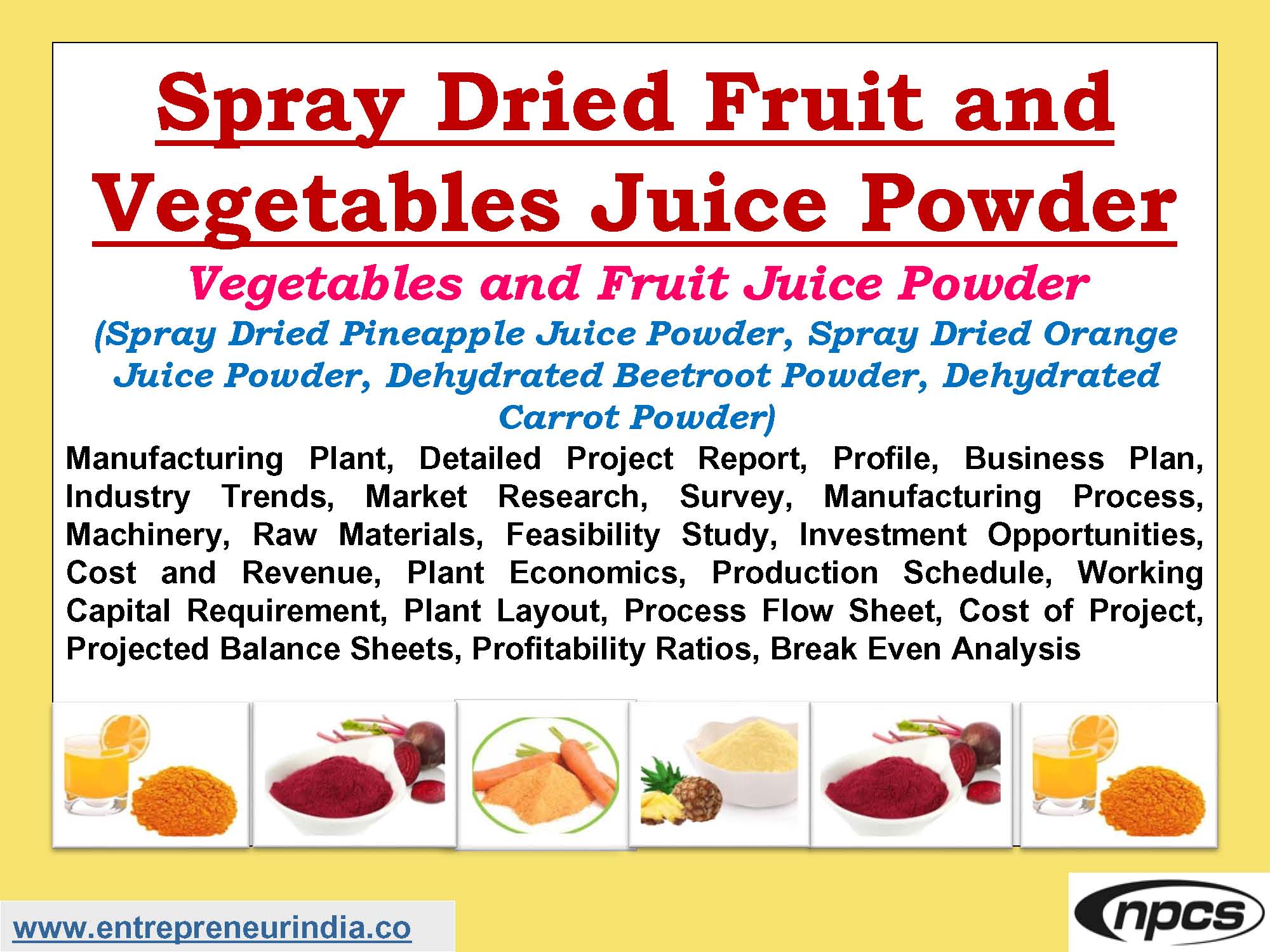 Spray Dried Fruit and Vegetables Juice Powder  Vegetables and Fruit Juice Powder (Spray Dried Pineapple Juice Powder, Spray Dried Orange Juice Powder, Dehydrated Beetroot Powder, Dehydrated Carrot Powder) Manufacturing Plant, Detailed Project Report, Profile, Business Plan, Industry Trends, Market Research, Survey, Manufacturing Process, Machinery, Raw Materials, Feasibility Study, Investment Opportunities, Cost and Revenue, Plant Economics, Production Schedule, Working Capital Requirement, Plant Layout, Process Flow Sheet, Cost of Project, Projected Balance Sheets, Profitability Ratios, Break Even Analysis