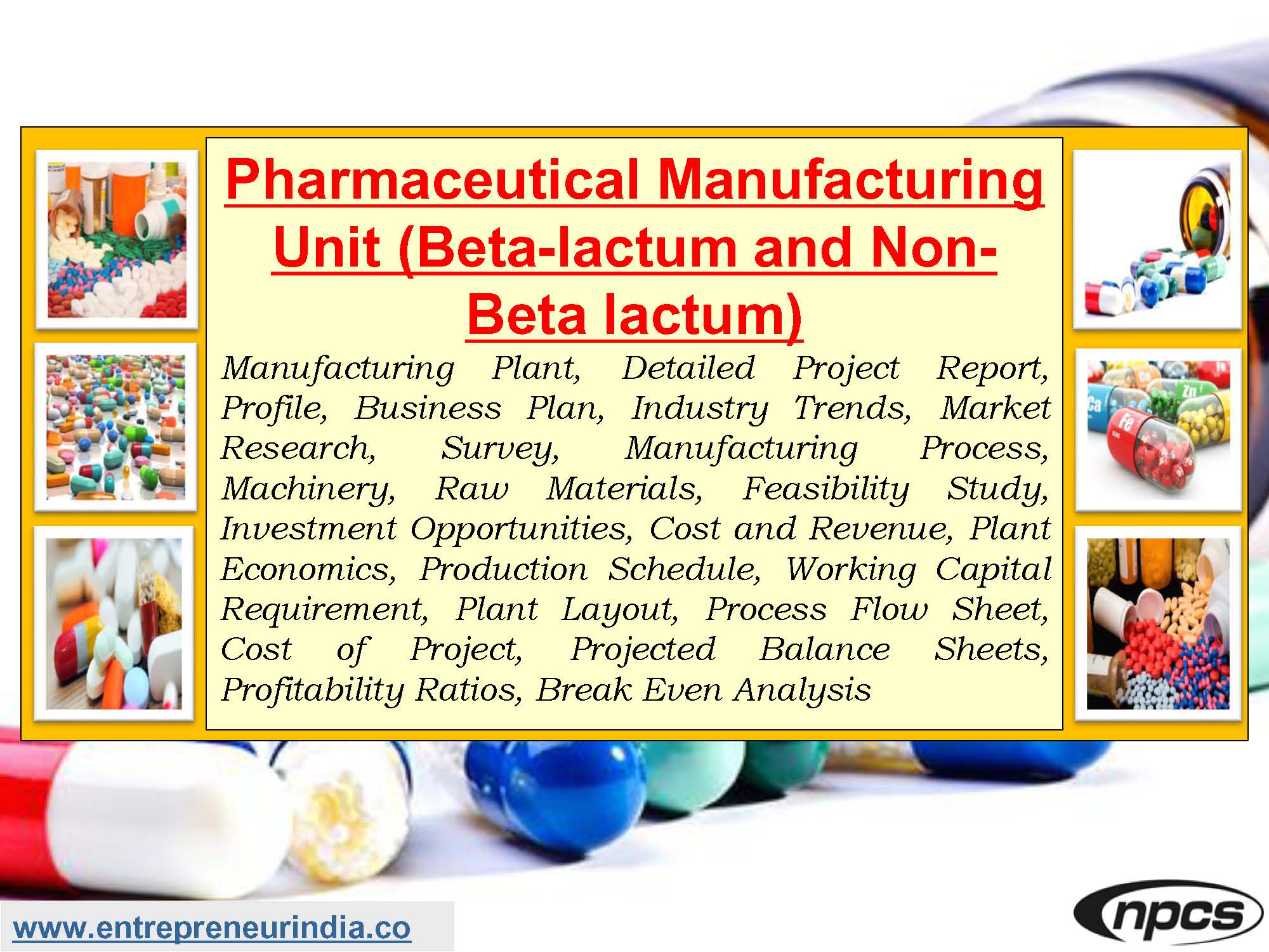 Pharmaceutical Manufacturing Unit  (Beta-Lactam and Non-Beta Lactam) Manufacturing Plant, Detailed Project Report, Profile, Business Plan, Industry Trends, Market Research, Survey, Manufacturing Process, Machinery, Raw Materials, Feasibility Study, Investment Opportunities, Cost and Revenue, Plant Economics, Production Schedule, Working Capital Requirement, Plant Layout, Process Flow Sheet, Cost of Project, Projected Balance Sheets, Profitability Ratios, Break Even Analysis