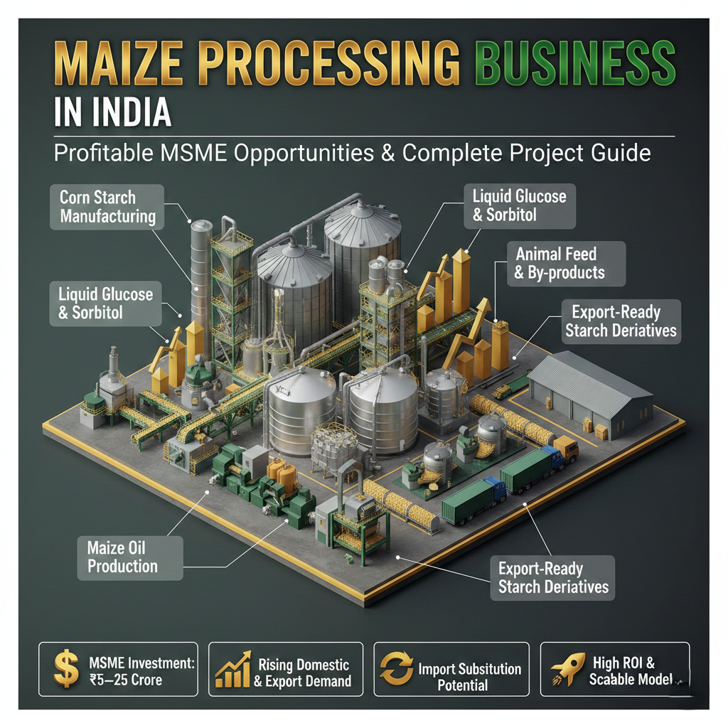 Maize processing business plant in India showing industrial corn wet milling unit