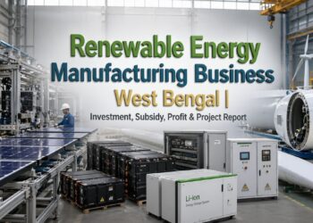 Renewable energy manufacturing plant in West Bengal with solar panels and biomass production units