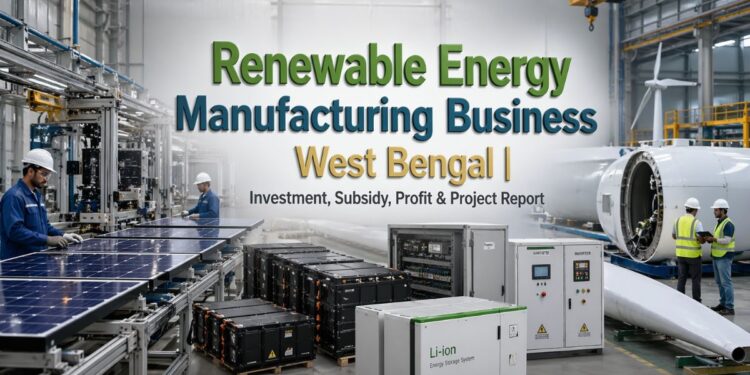 Renewable energy manufacturing plant in West Bengal with solar panels and biomass production units