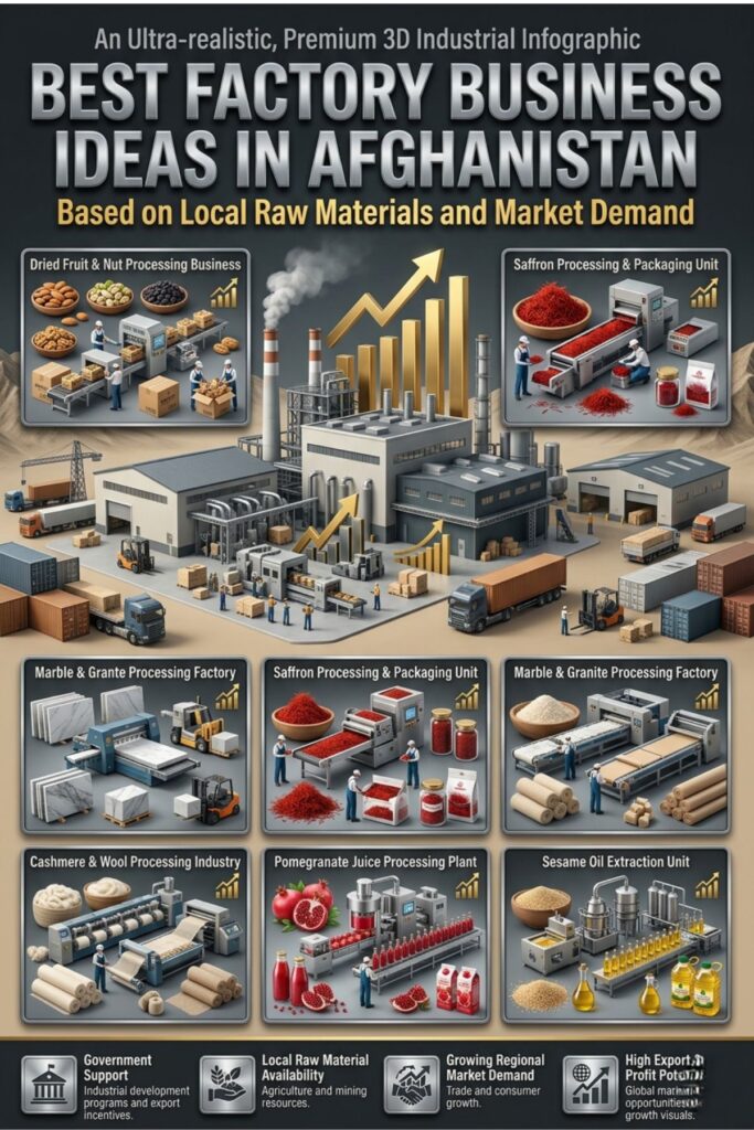 Best Factory Business Ideas Afghanistan using local raw materials like saffron, dry fruits, marble, cashmere, and sesame industries