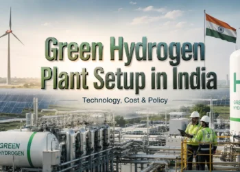 Green hydrogen plant setup in India showing electrolyser and solar power system