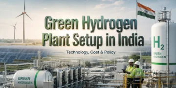 Green hydrogen plant setup in India showing electrolyser and solar power system