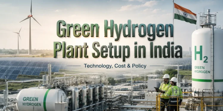 Green hydrogen plant setup in India showing electrolyser and solar power system