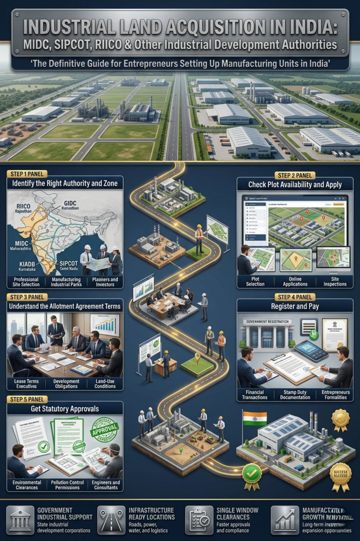 Industrial land acquisition in India through MIDC, SIPCOT and RIICO