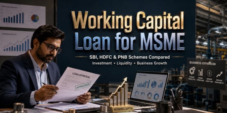 working capital loan comparison in India showing SBI, HDFC and PNB banks with business finance concept