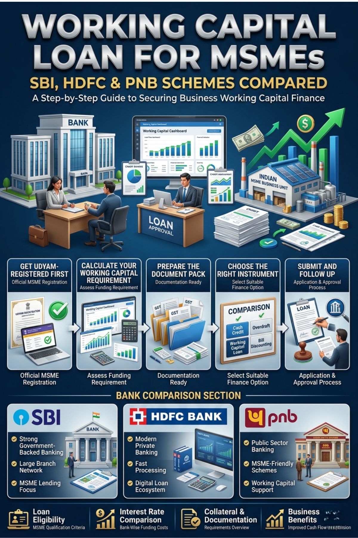 working capital loan comparison in India showing SBI, HDFC and PNB banks with business finance concept