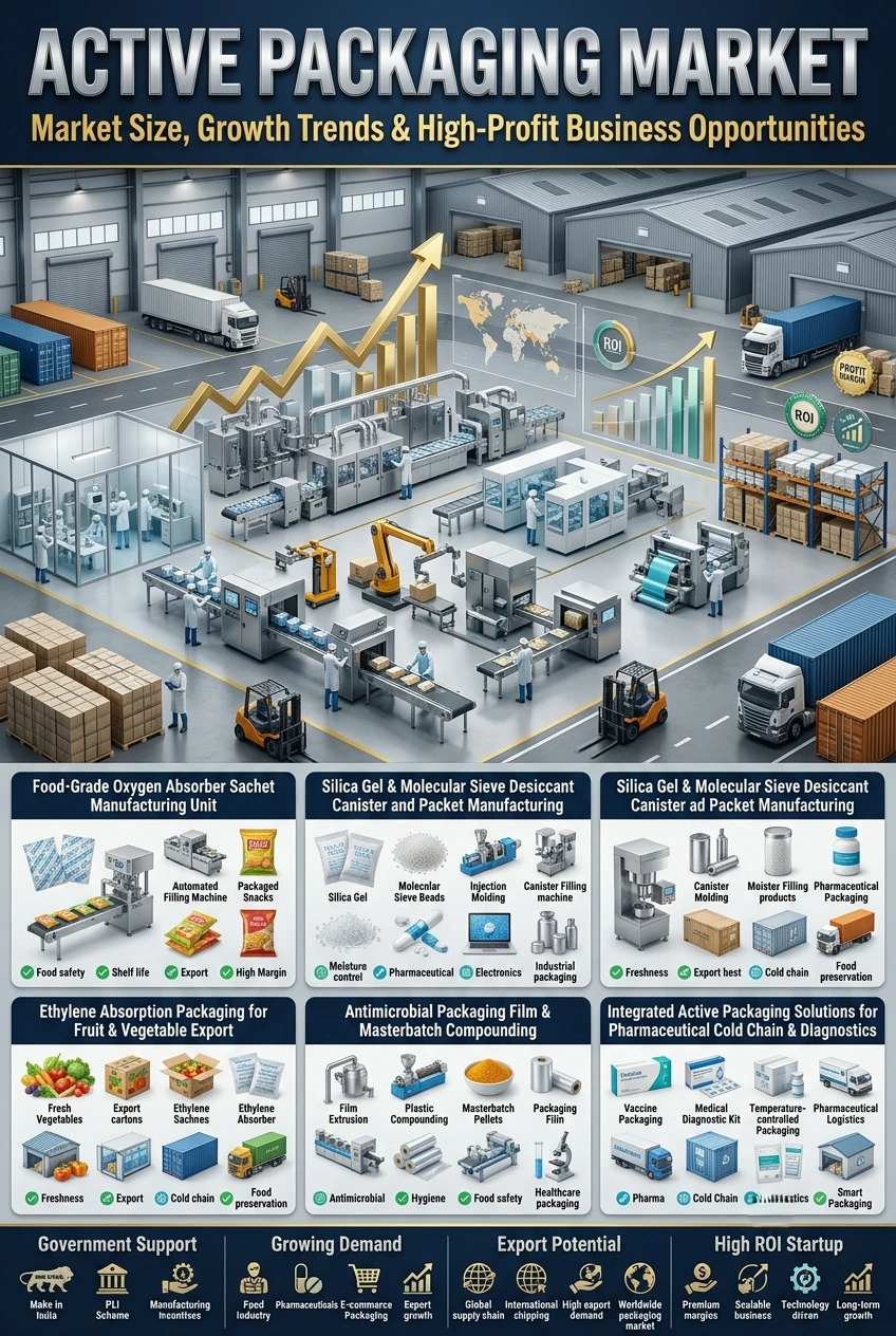 Active Packaging Manufacturing Business in India with oxygen absorber sachets, desiccants, and antimicrobial packaging solutions