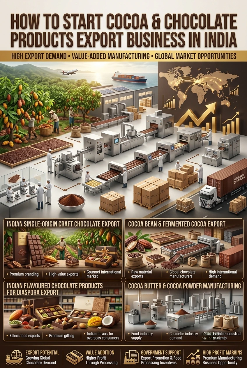 A visual representation of the cocoa and chocolate export business in India, highlighting cocoa beans, premium chocolate products and international trade opportunities for Indian entrepreneurs.