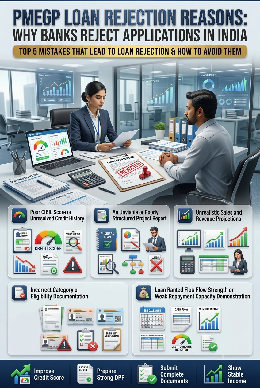 PMEGP loan rejection reasons in India including CIBIL score, DPR mistakes, eligibility issues, and bank approval process