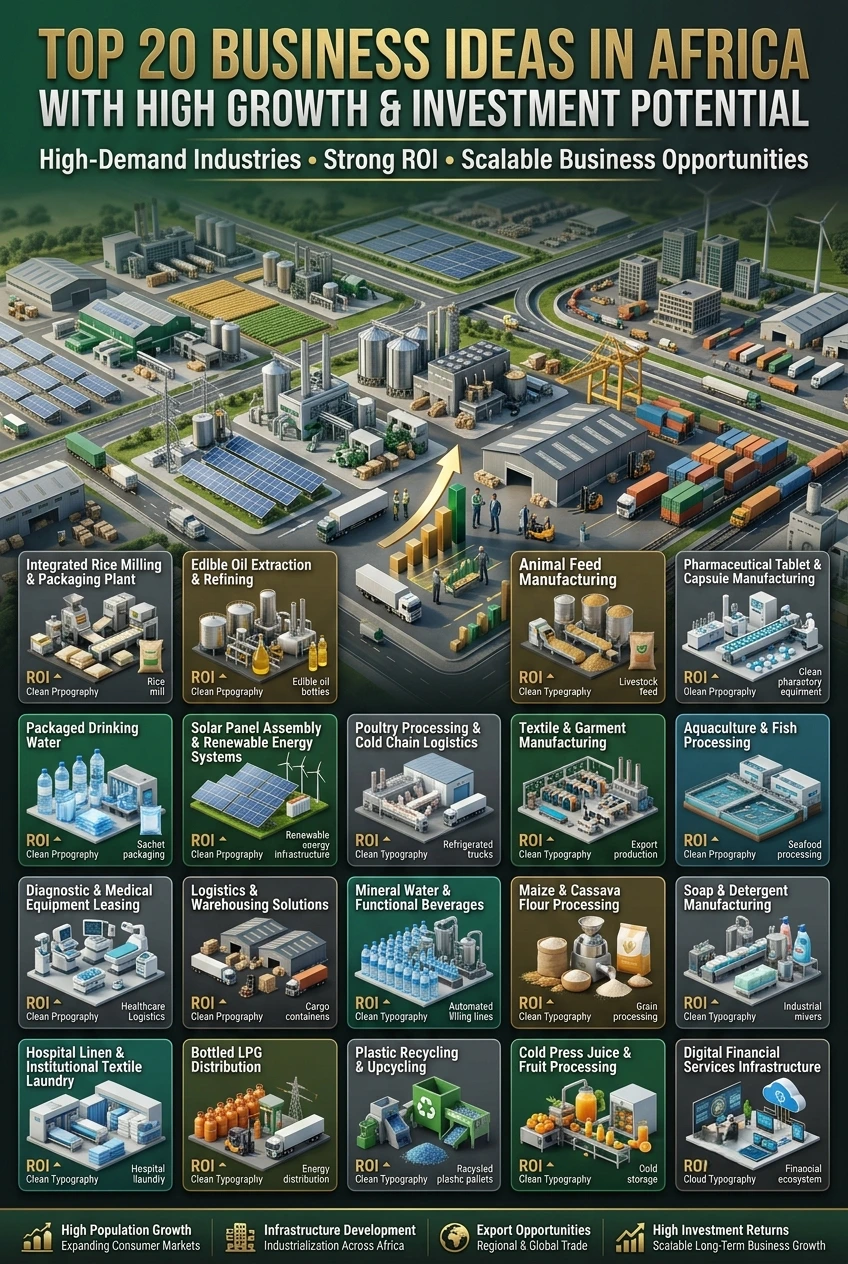 Top 20 business ideas in Africa with high growth and investment opportunities in manufacturing, agriculture, renewable energy, healthcare, logistics, and fintech.