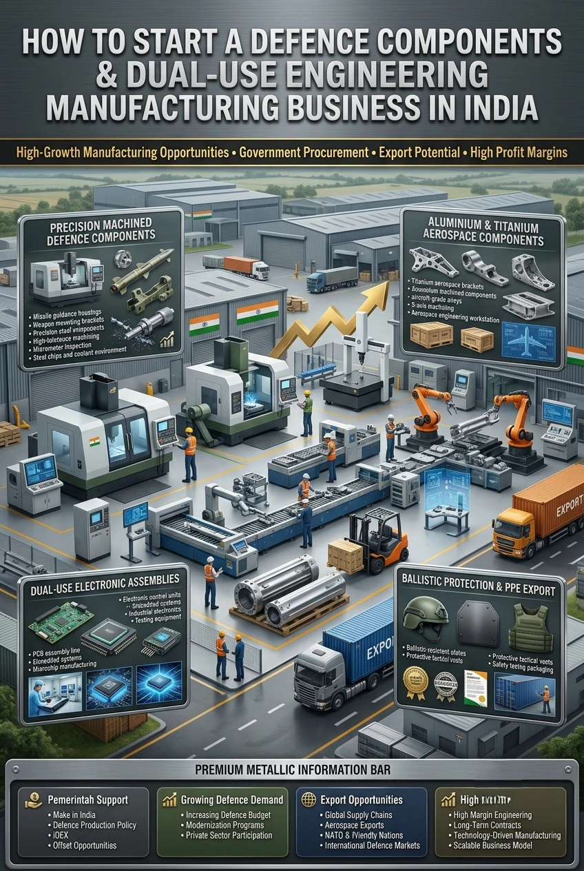 This image highlights the Defence Components and Dual-Use Engineering Manufacturing Business in India. It represents opportunities in precision defence components, aerospace aluminium and titanium parts, dual-use electronic assemblies, ballistic protection equipment, and military gear manufacturing. The sector is supported by government initiatives such as DRDO technology transfer, the iDEX programme, the Department of Defence Production (DDP), Positive Indigenisation Lists (PIL), and growing defence export opportunities. It is an ideal business opportunity for MSMEs seeking long-term growth, premium margins, and access to domestic and international defence markets.