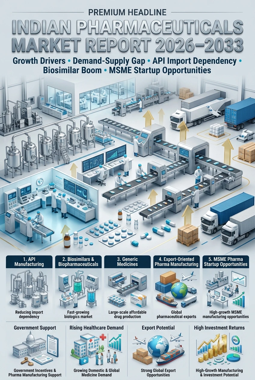 An overview of the Indian pharmaceutical market from 2026 to 2033, highlighting pharmaceutical manufacturing, API import dependency, biosimilar growth, demand-supply gaps and emerging business opportunities for MSMEs and startups.