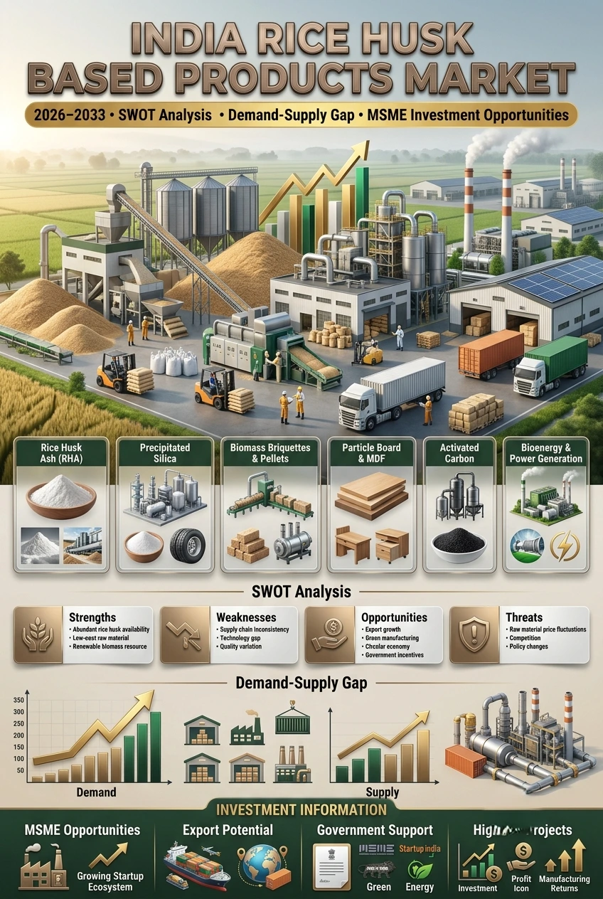 Rice husk based products business opportunities in India including silica, activated carbon, briquettes, biochar and MSME manufacturing