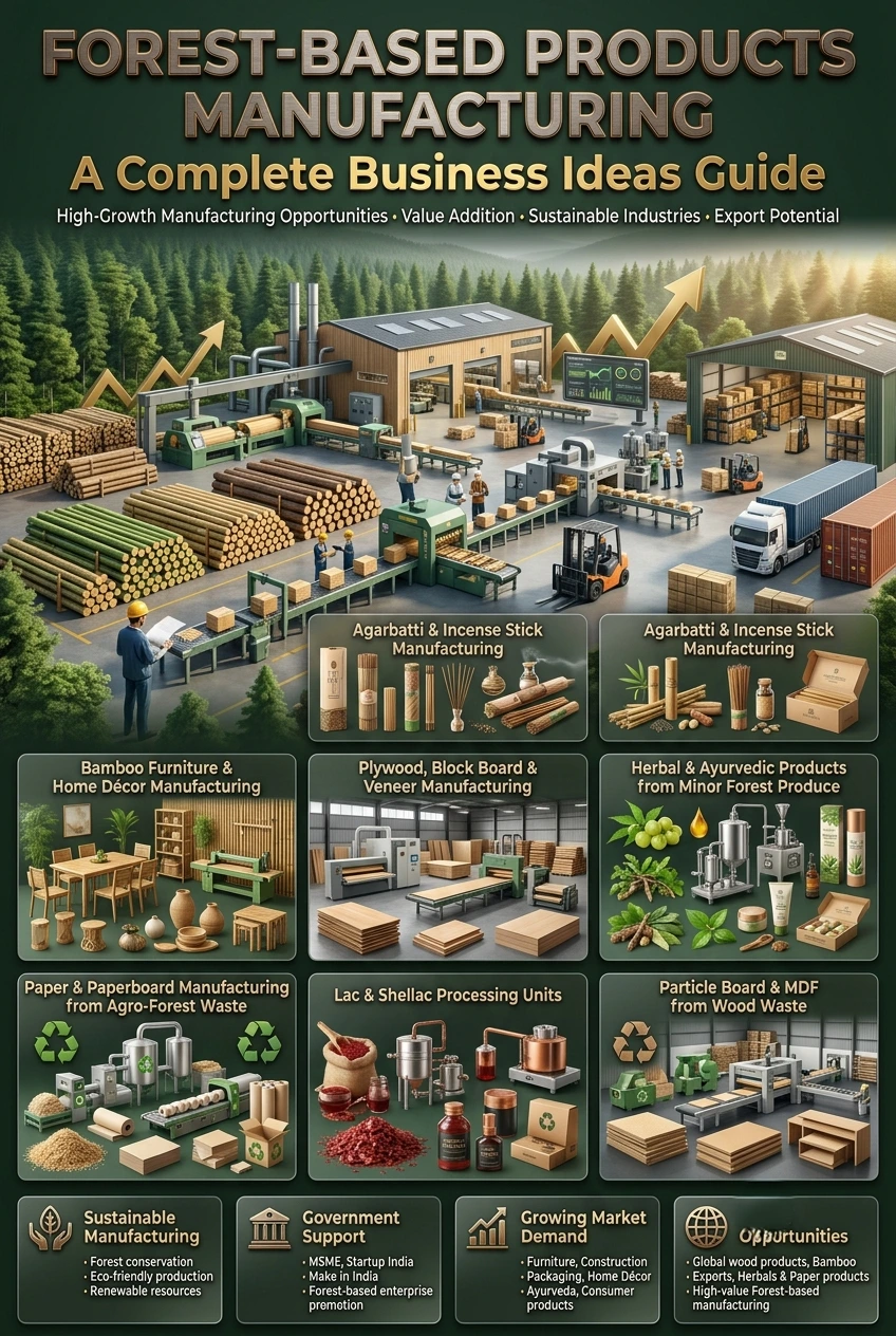 A comprehensive view of forest based products manufacturing businesses in India, showcasing bamboo processing, wood products, herbal extracts, agarbatti production and sustainable paper manufacturing opportunities supported by government schemes.