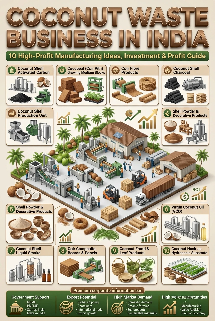 Coconut waste business in India using coconut shells, coir fibre and cocopeat