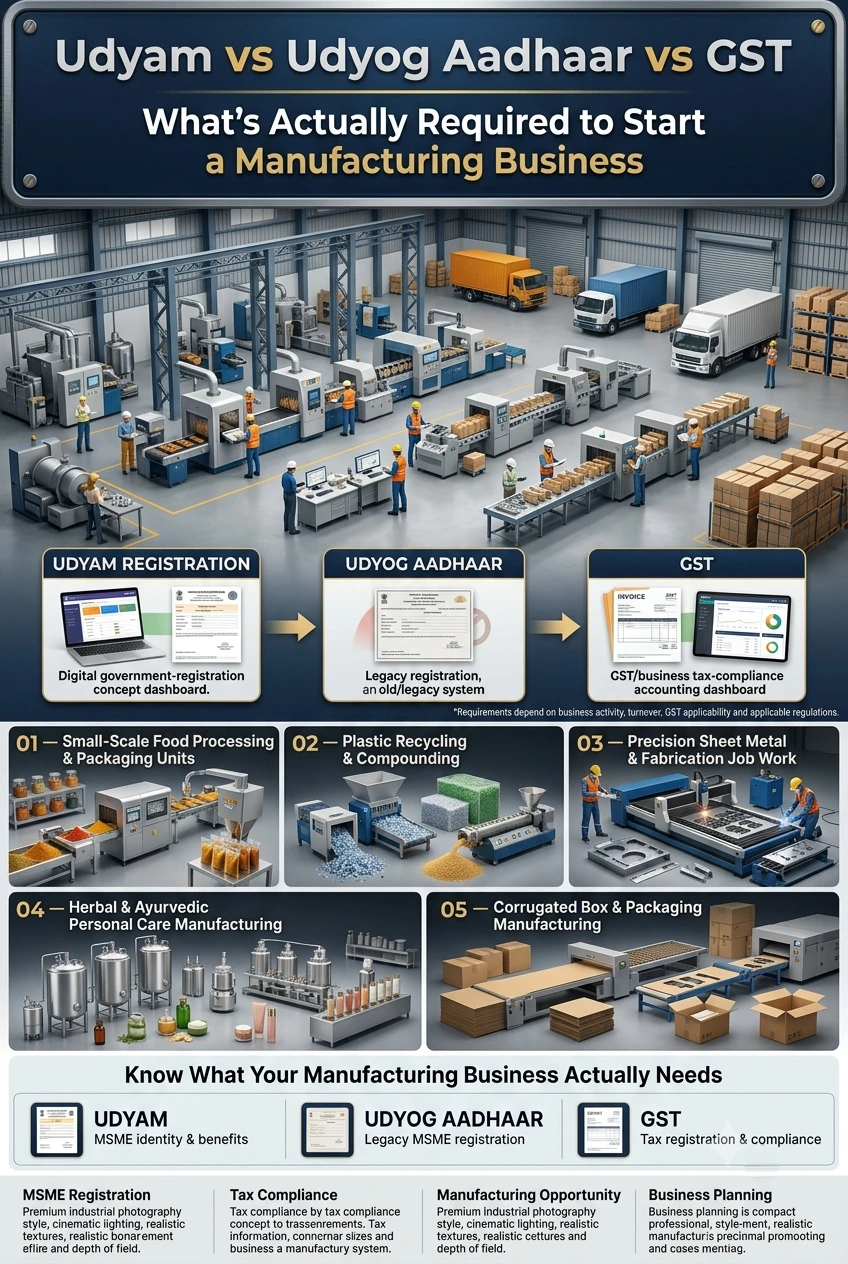 Udyam vs Udyog Aadhaar vs GST registration guide for new manufacturing businesses in IndiaImage TitleUdyam vs Udyog Aadhaar vs GST for Manufacturing BusinessesImage CaptionUnderstand the difference between Udyam Registration, Udyog Aadhaar and GST before starting a manufacturing business in India.Image DescriptionA complete guide comparing Udyam Registration, the discontinued Udyog Aadhaar system and GST registration for new manufacturing businesses in India, including MSME benefits, PMEGP subsidy, CGTMSE loans and business opportunities.Select 99 more words to run Humanizer.