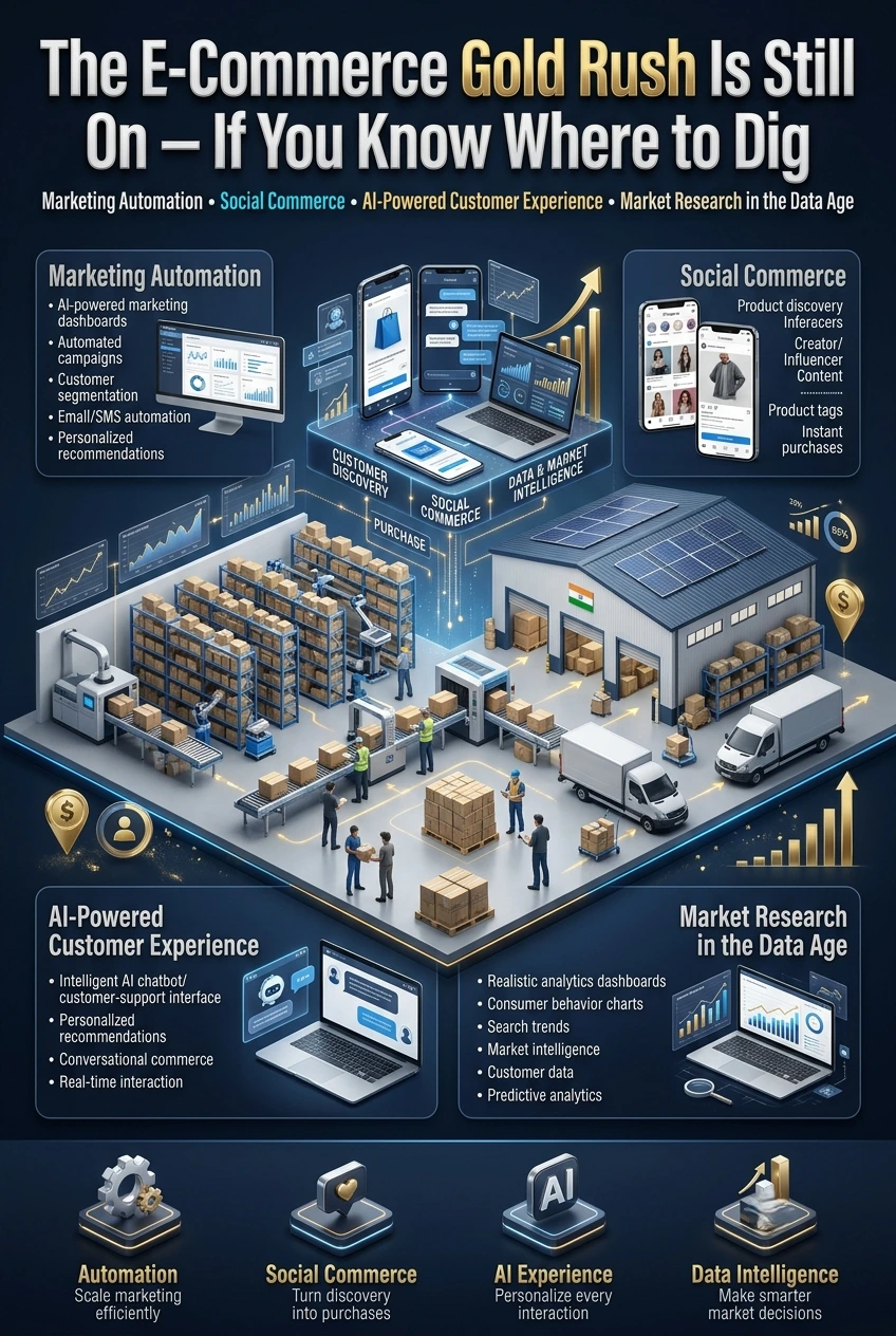 An illustration highlighting e-commerce business opportunities in 2026, featuring online stores, AI-powered customer service, marketing automation, social commerce, analytics, and digital tools that help small businesses grow and compete in the e-commerce market.