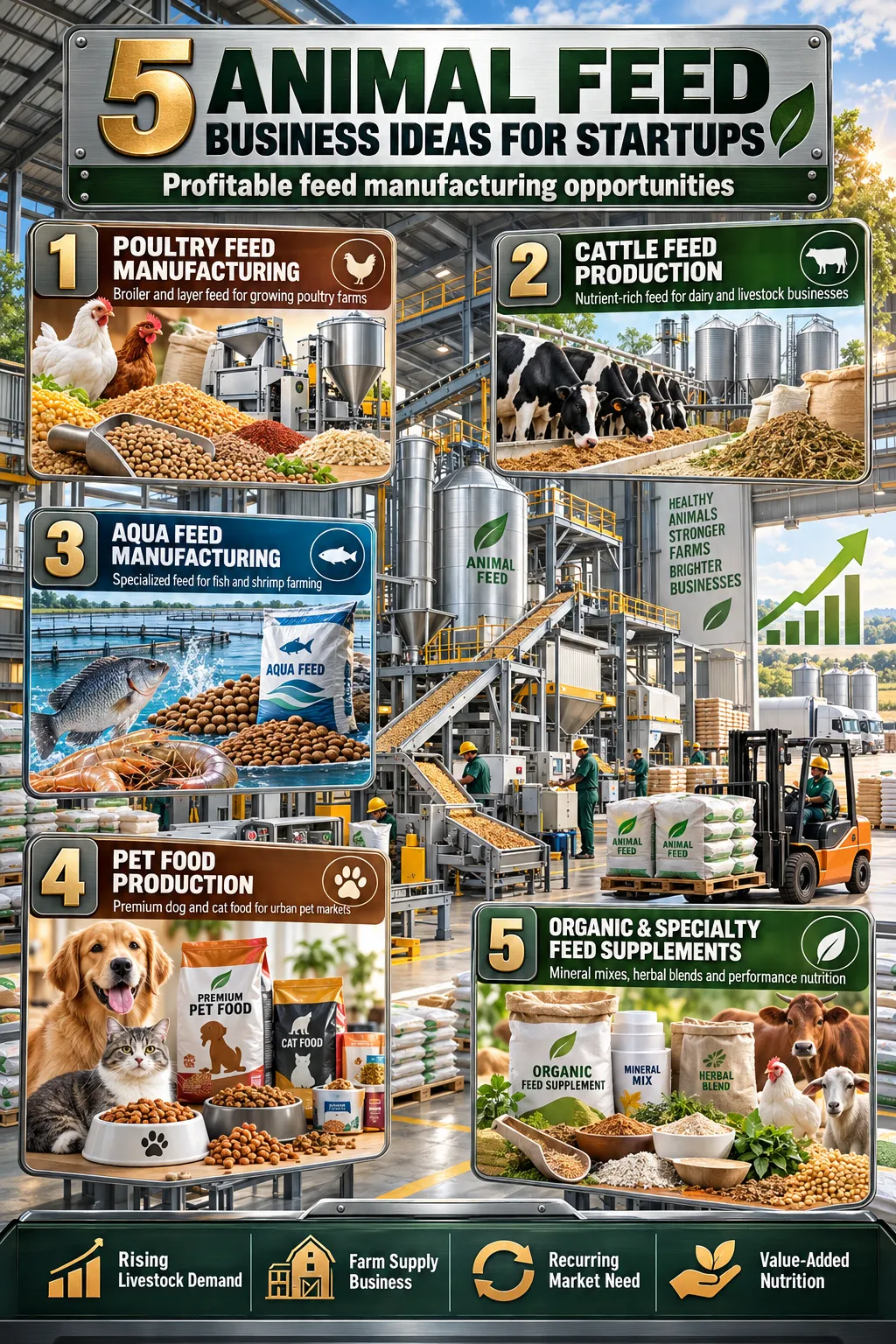 5 animal feed business ideas for startups including poultry feed, cattle feed, aqua feed, pet food and specialty feed supplements