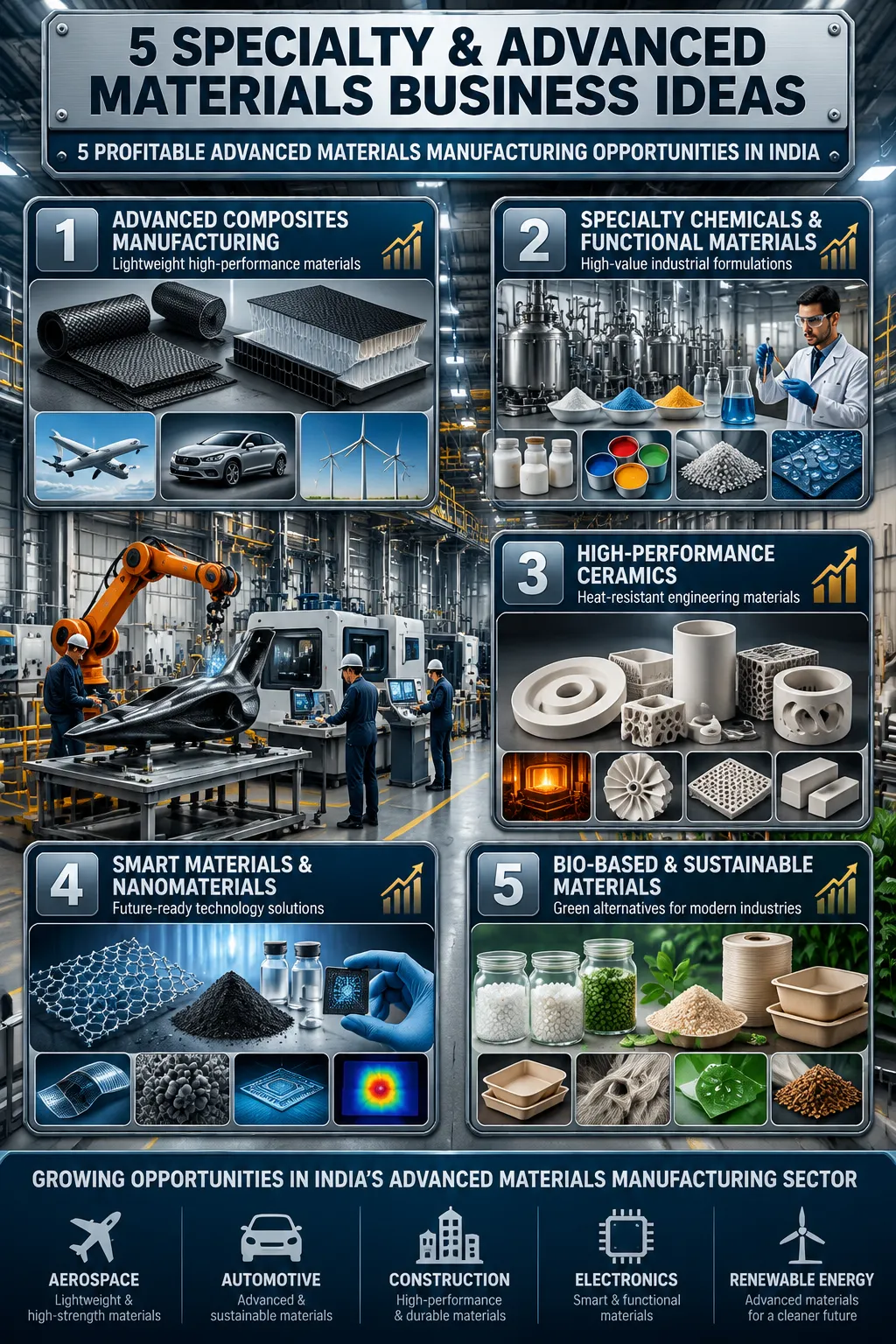 Infographic showing 5 specialty and advanced materials business ideas in India, including advanced composites manufacturing, specialty chemicals and functional materials, high-performance ceramics, smart and nanomaterials, and bio-based sustainable materials with industrial applications in aerospace, automotive, construction, electronics, and renewable energy sectors.