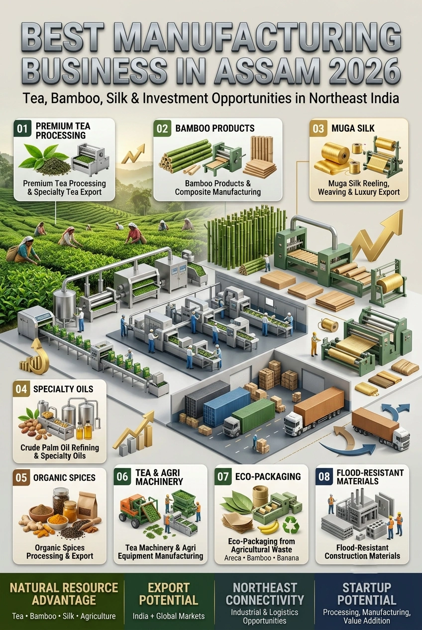 Best Manufacturing Business in Assam 2026 featuring tea, bamboo, Muga silk and industrial investment opportunities in Northeast India