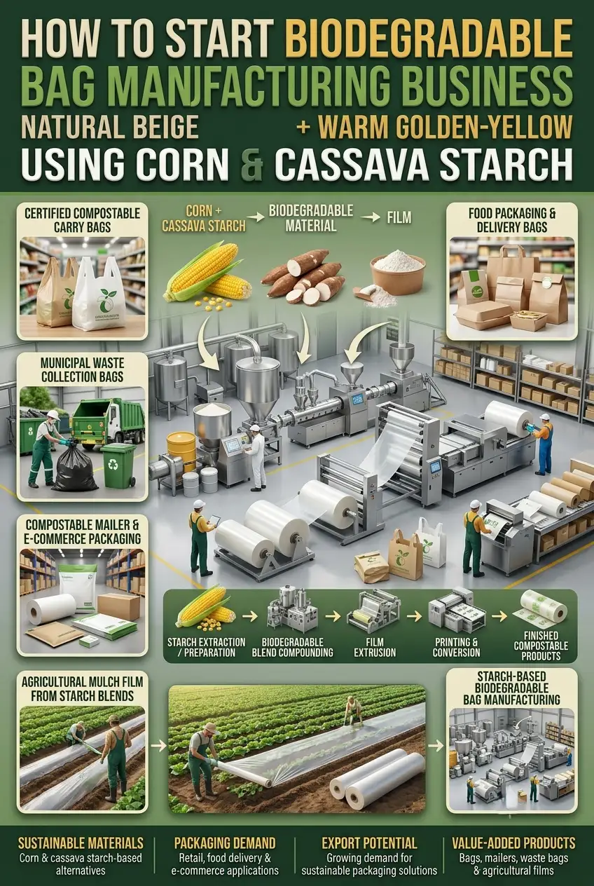 Biodegradable bag manufacturing using corn and cassava starch
