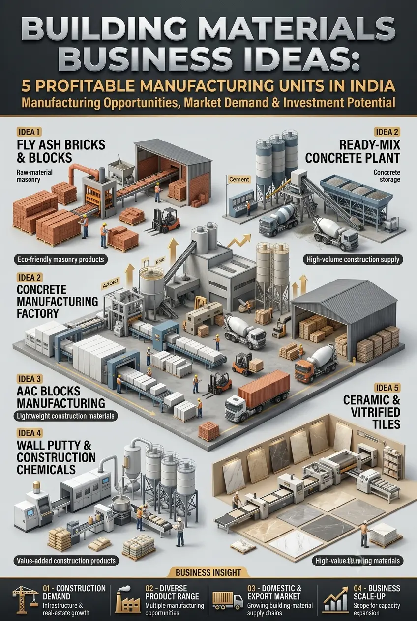 Building materials business ideas in India including AAC blocks, fly ash bricks, concrete, tiles and wall putty