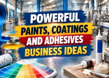 Powerful Paints, Coatings and Adhesives Business Ideas in India featuring paint manufacturing, industrial coatings, adhesive products, color swatches, and chemical business opportunities