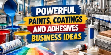 Powerful Paints, Coatings and Adhesives Business Ideas in India featuring paint manufacturing, industrial coatings, adhesive products, color swatches, and chemical business opportunities