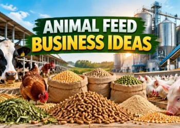 Animal Feed Business Ideas in India featuring cattle, poultry, pig farming, animal feed grains, pellets, and modern feed manufacturing plant