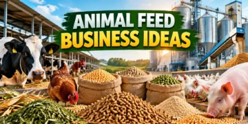 Animal Feed Business Ideas in India featuring cattle, poultry, pig farming, animal feed grains, pellets, and modern feed manufacturing plant