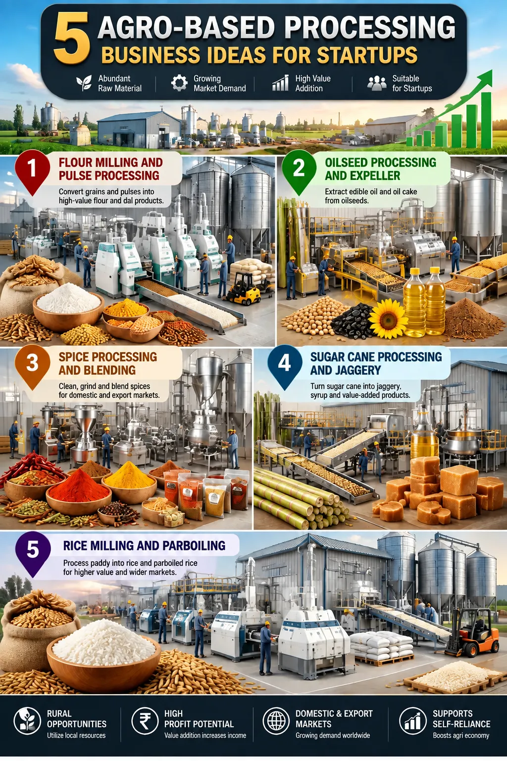 5 agro-based processing business ideas for startups in India including flour milling, oil processing, spice manufacturing, jaggery production, and rice milling