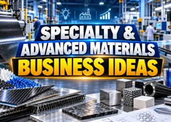 Specialty and Advanced Materials Business Ideas featuring a high-tech manufacturing facility, advanced composite materials, carbon fiber sheets, polymers, industrial material samples, and innovation-focused business opportunities.