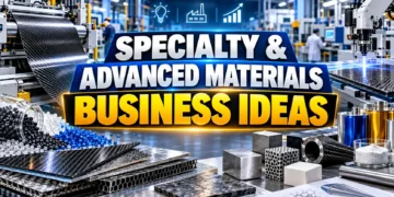 Specialty and Advanced Materials Business Ideas featuring a high-tech manufacturing facility, advanced composite materials, carbon fiber sheets, polymers, industrial material samples, and innovation-focused business opportunities.
