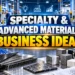 Specialty and Advanced Materials Business Ideas featuring a high-tech manufacturing facility, advanced composite materials, carbon fiber sheets, polymers, industrial material samples, and innovation-focused business opportunities.