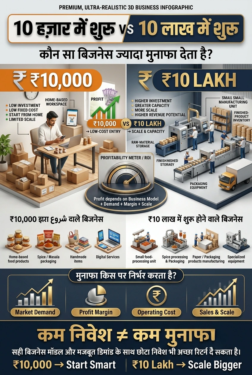 छोटे निवेश का बिजनेस और ₹10,000 से ₹10 लाख तक बिजनेस निवेश की तुलना