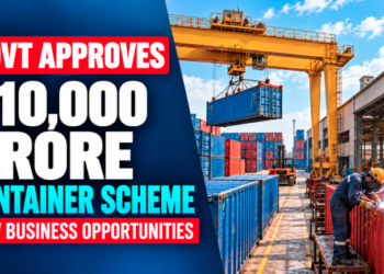 Government-approved ₹10,000 crore Container Manufacturing Scheme 2026 showing shipping container production, factory workers and new manufacturing business opportunities in India.