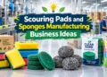 Scouring pads and sponges manufacturing business ideas with colorful cleaning sponges, scrub pads, packaging, and factory production line.
