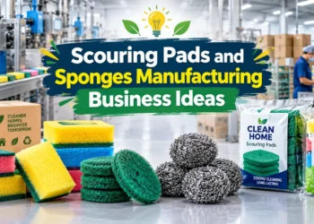 Scouring pads and sponges manufacturing business ideas with colorful cleaning sponges, scrub pads, packaging, and factory production line.