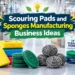 Scouring pads and sponges manufacturing business ideas with colorful cleaning sponges, scrub pads, packaging, and factory production line.