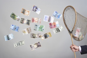 Man's hand holding butterfly net, catching flying banknotes