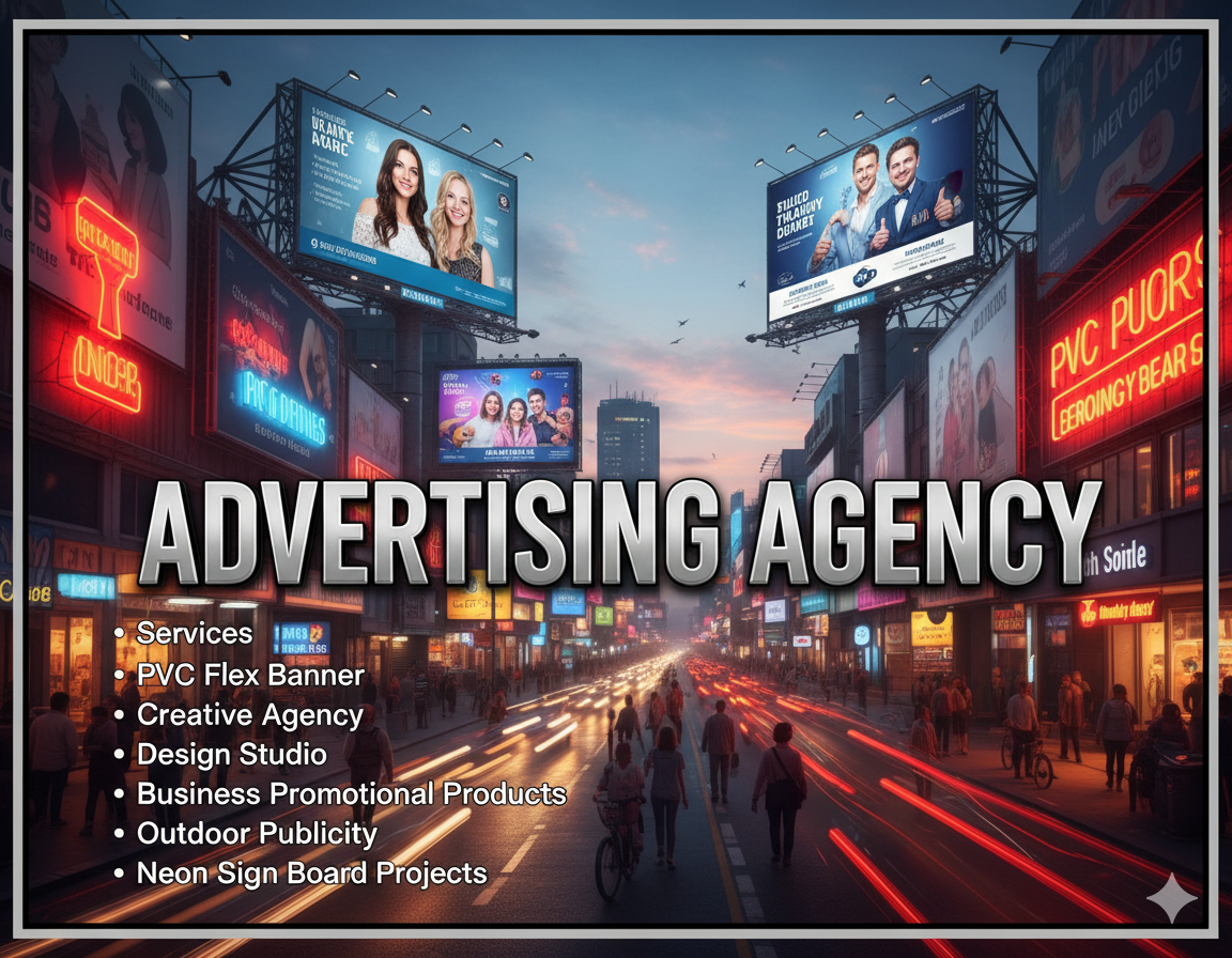Advertising Agency, Services, PVC Flex Banner, Branding, Creative Agency, Design Studio, Business Promotional Products, Outdoor Publicity, Hoarding, Neon Sign Board Projects